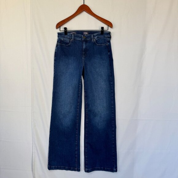 NYDJ Teresa Mid Rise Wide Leg Dark Blue Wash Stretch Denim Jeans Size 10 Tall - Picture 1 of 12